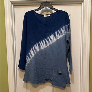 Jess & Jane Blue Ombré Tie Dye Tunic Top L Gauze Crinkle Pocket Made in USA
